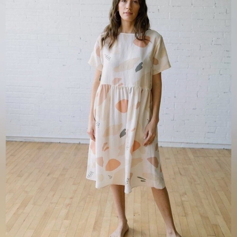 TRADLANDS NEW Nico Caroline Abstract Print Lagenlook Linen Midi Dress size XXS